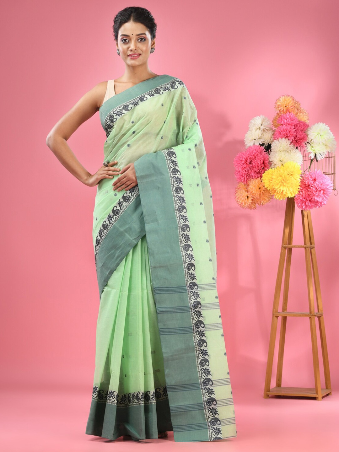 

Charukriti Ethnic Woven Design Pure Cotton Taant Saree, Lime green