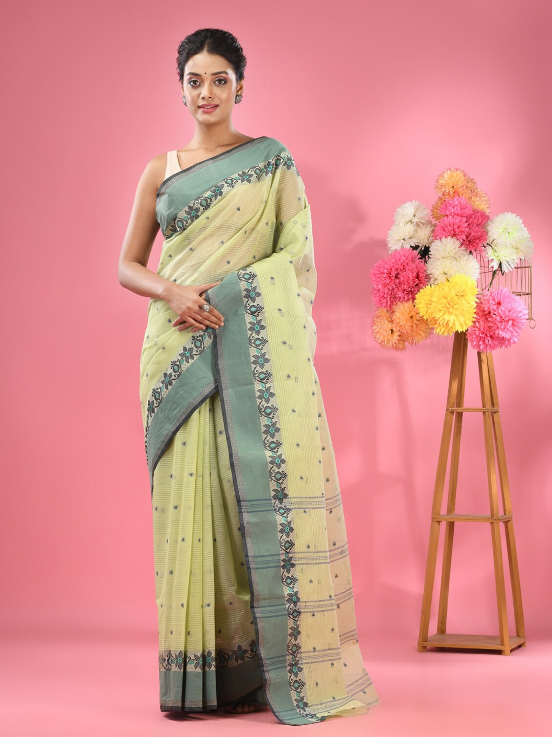 

Charukriti Ethnic Woven Design Pure Cotton Taant Saree, Olive