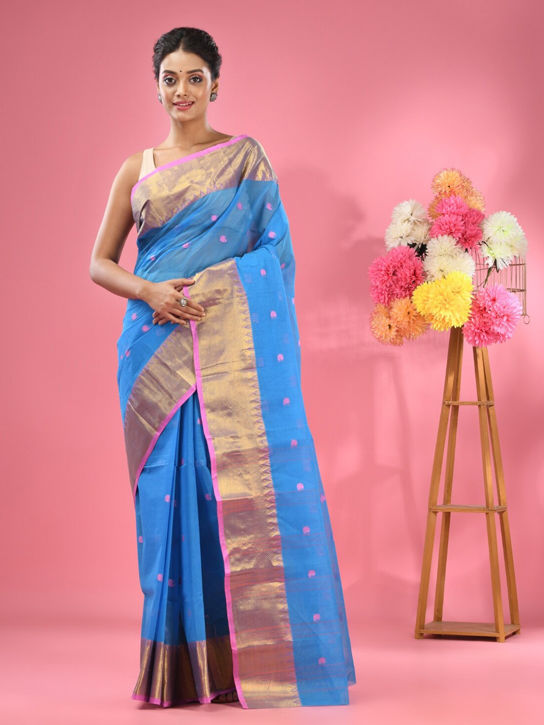 

Charukriti Ethnic Woven Design Pure Cotton Taant Saree, Blue