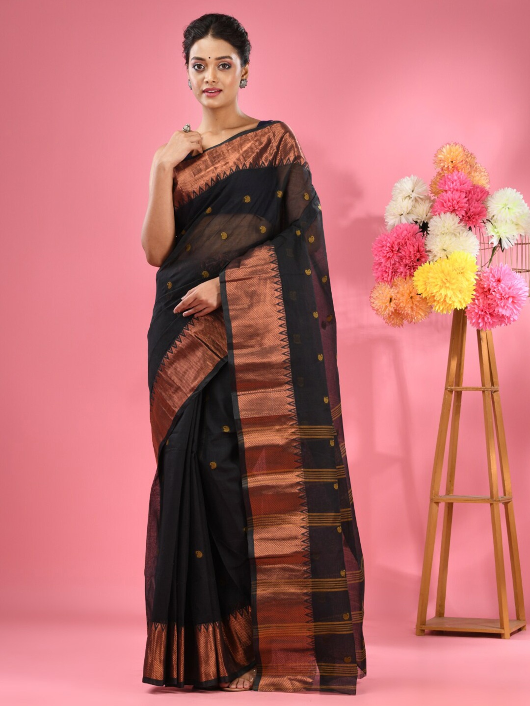 

Charukriti Ethnic Motifs Zari Woven Design Pure Cotton Taant Saree, Black