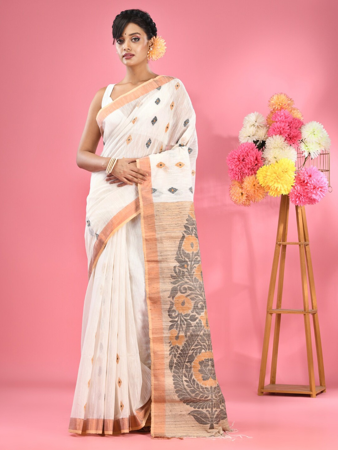 

Charukriti Ethnic Woven Design Zari Pure Cotton Saree, White