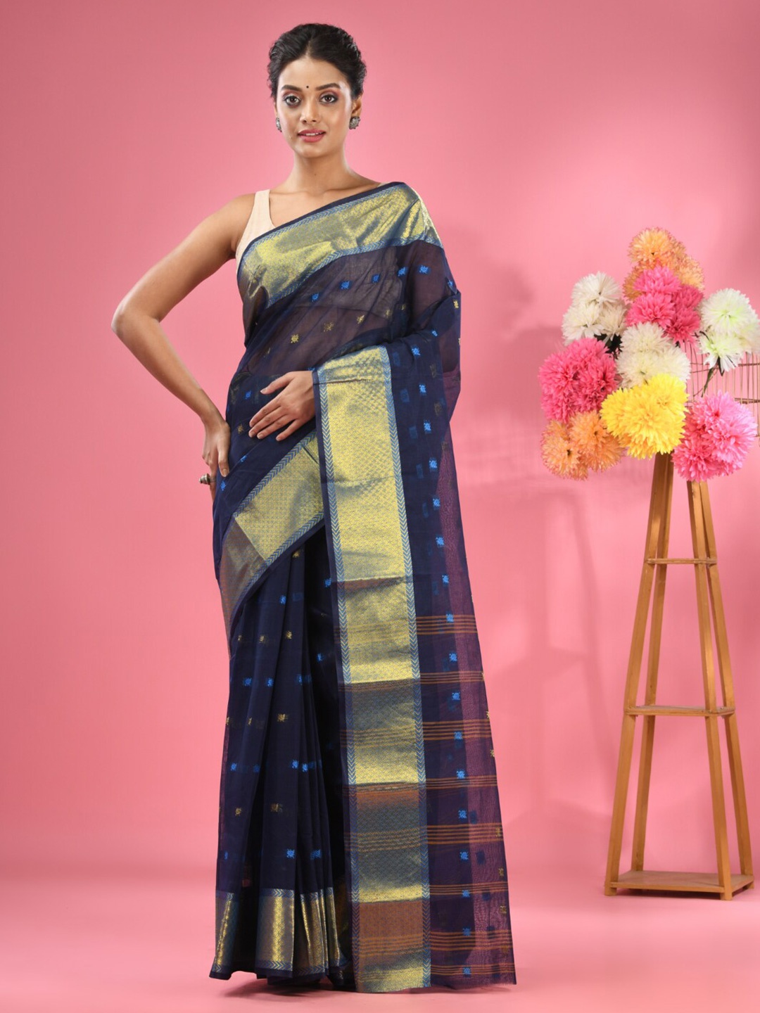 

Charukriti Ethnic Woven Design Pure Cotton Taant Saree, Navy blue