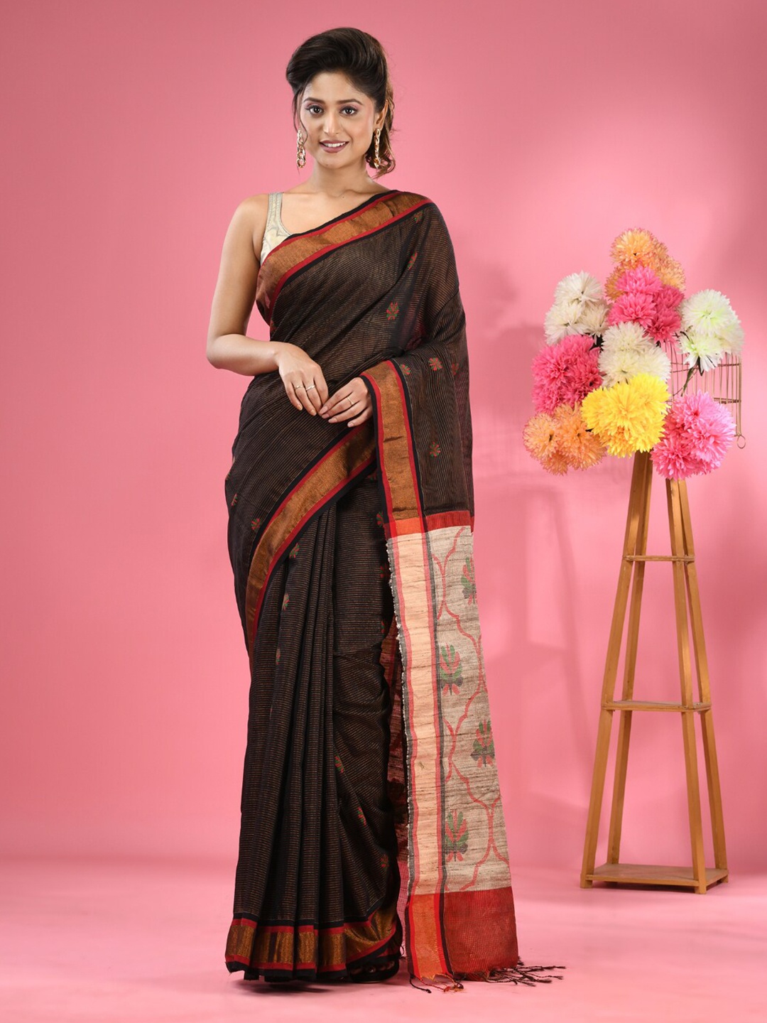 

Charukriti Flora Woven Design Zari Saree, Black