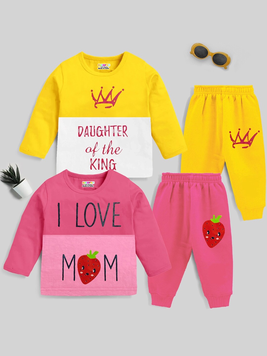 

KUCHIPOO Girls Pack Of 2 Printed T-shirt With Joggers, Pink