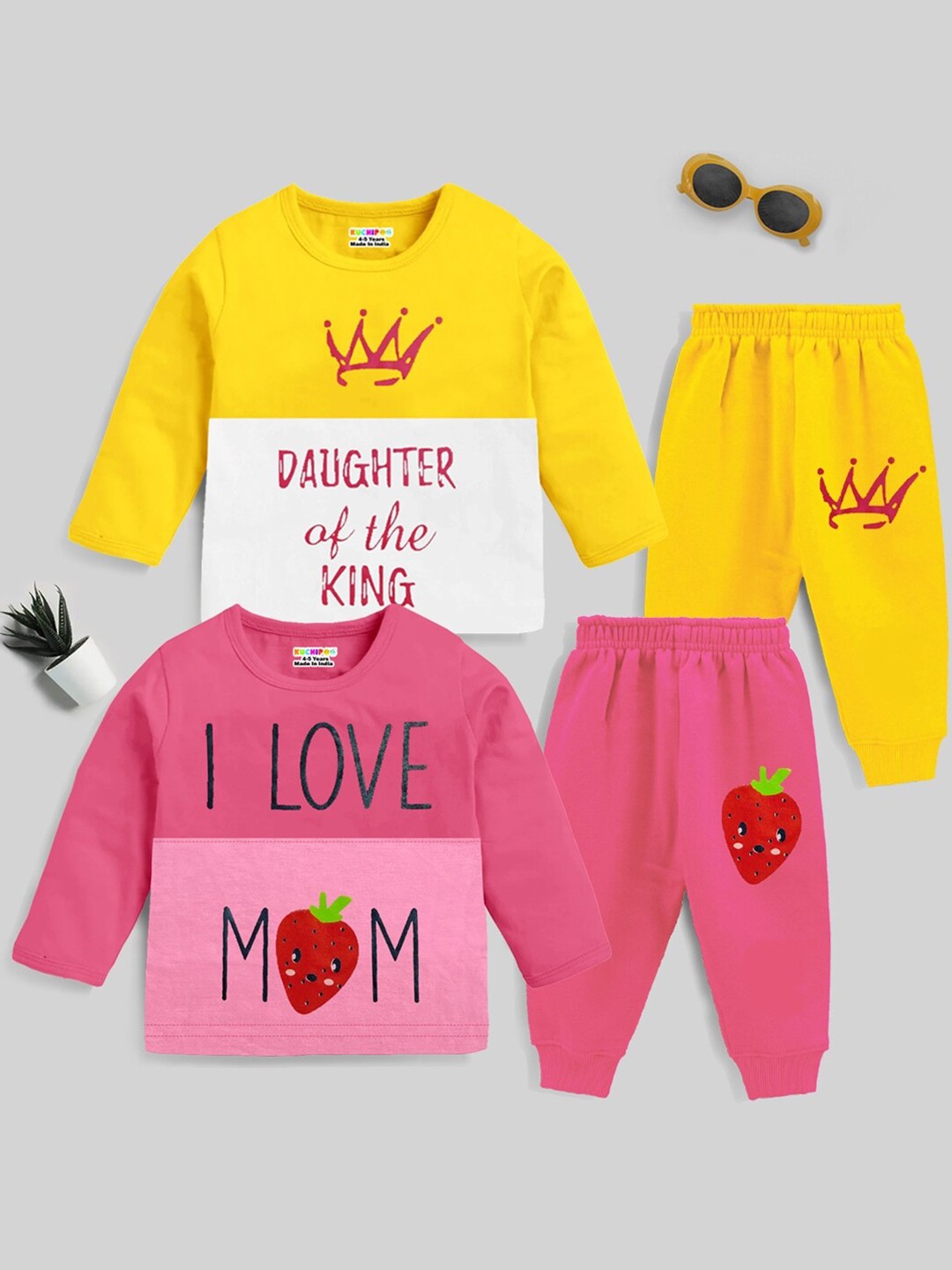 

KUCHIPOO Girls Pack Of 2 Typography Printed Clothing Set, Pink