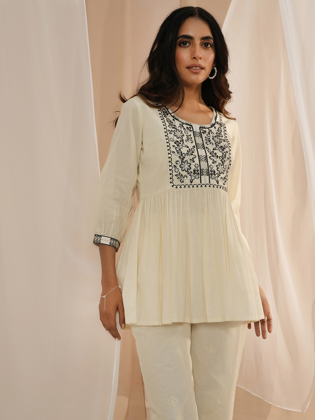 

Libas Floral Yoke Design Sequinned Pure Cotton Pleated Kurti, Off white