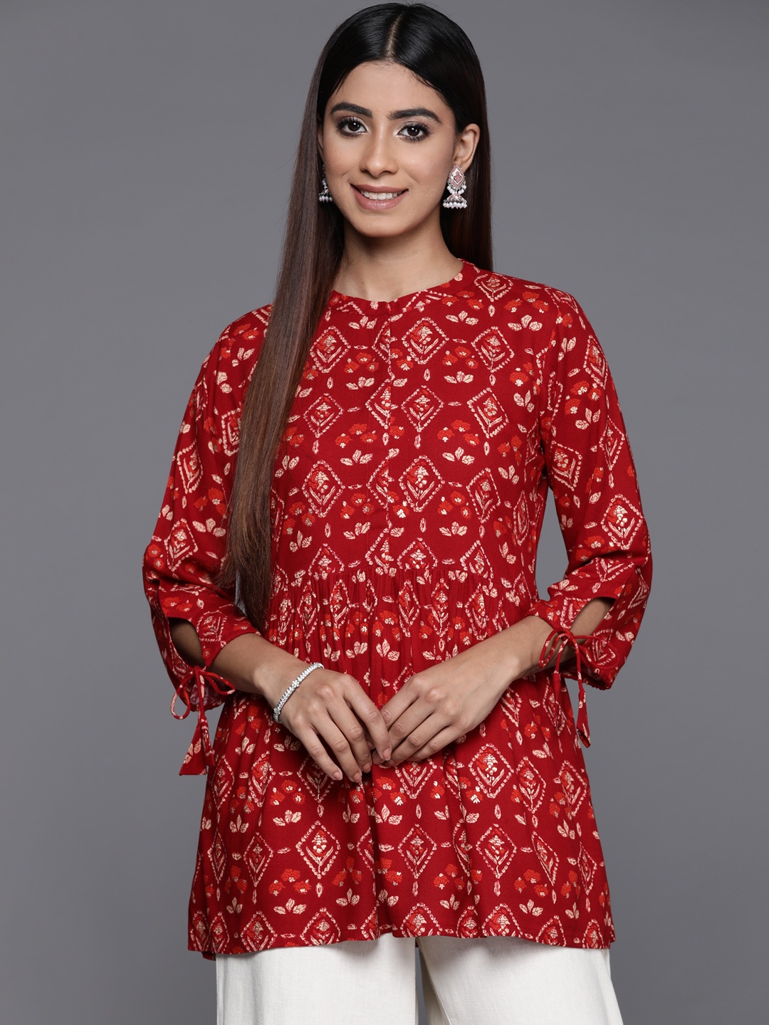 

Libas Floral Print Band Collar Tie-Up Sleeves Pleated Kurti, Maroon