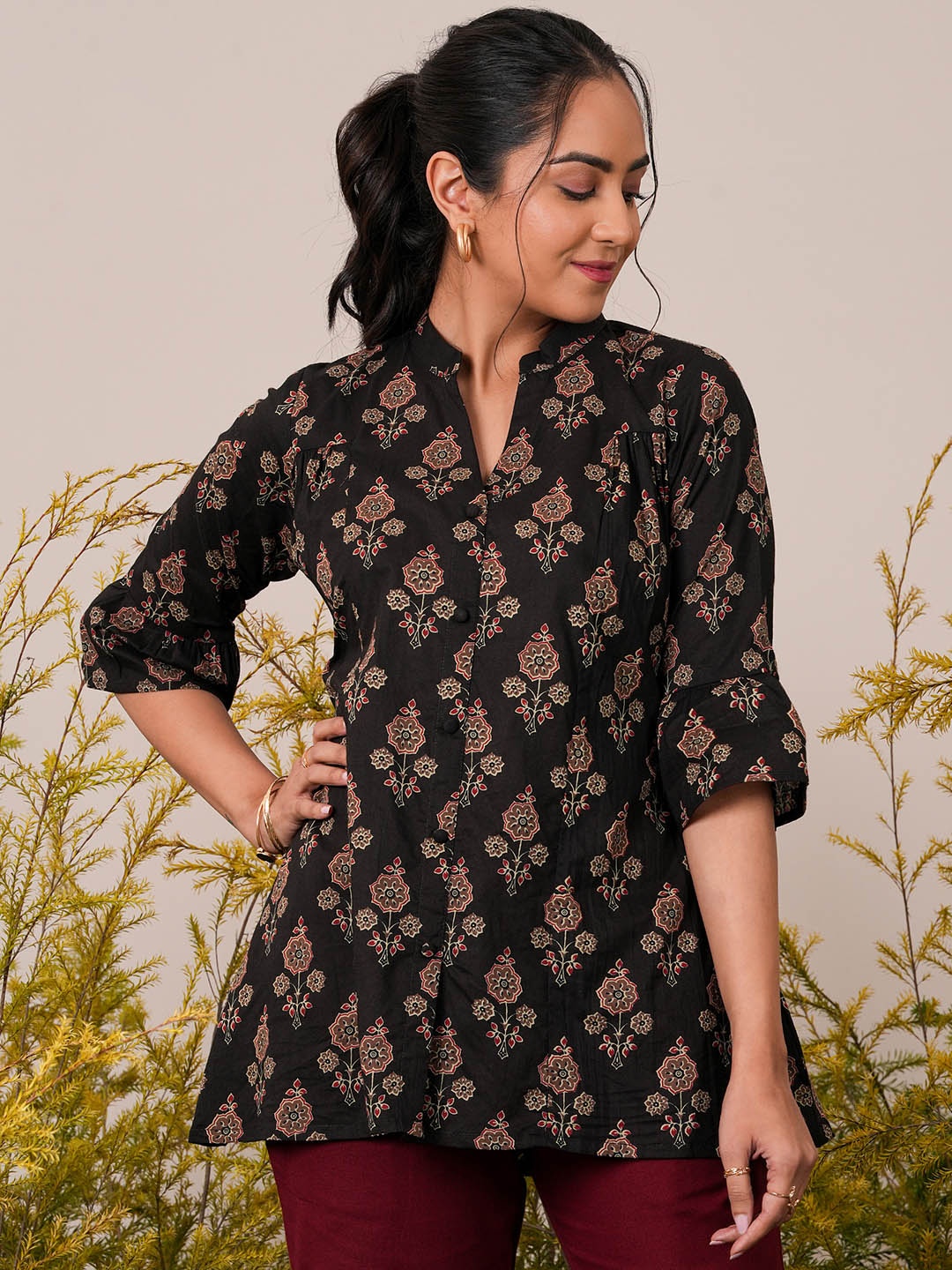 

Libas Ethnic Motifs Print Mandarin Collar Pure Cotton Panelled Kurti, Black