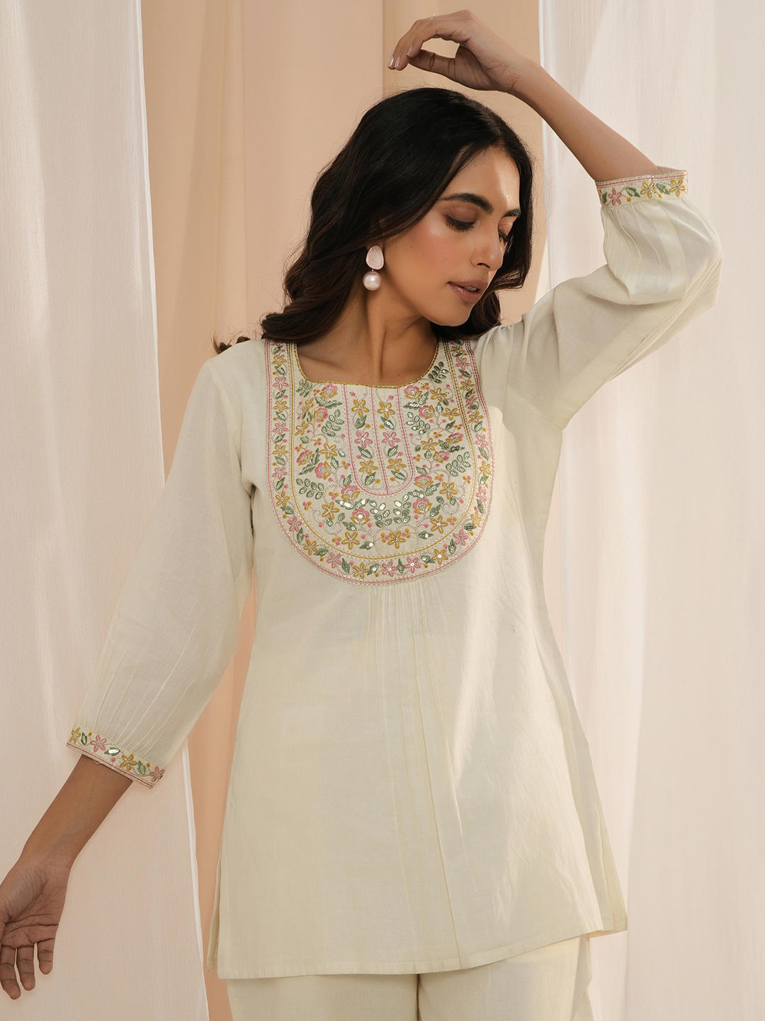 Libas Floral Yoke Design Thread Work Pure Cotton Straight Kurti, Off white