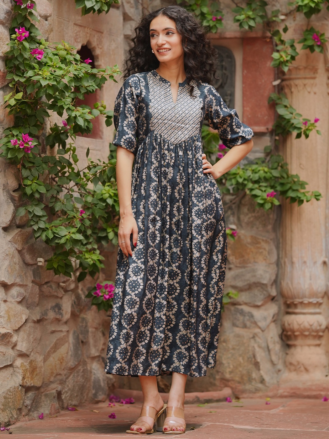 

Libas Ethnic Motifs Print Band Collar Puff Sleeve Pleated Silk Fit & Flare Midi Dress, Teal