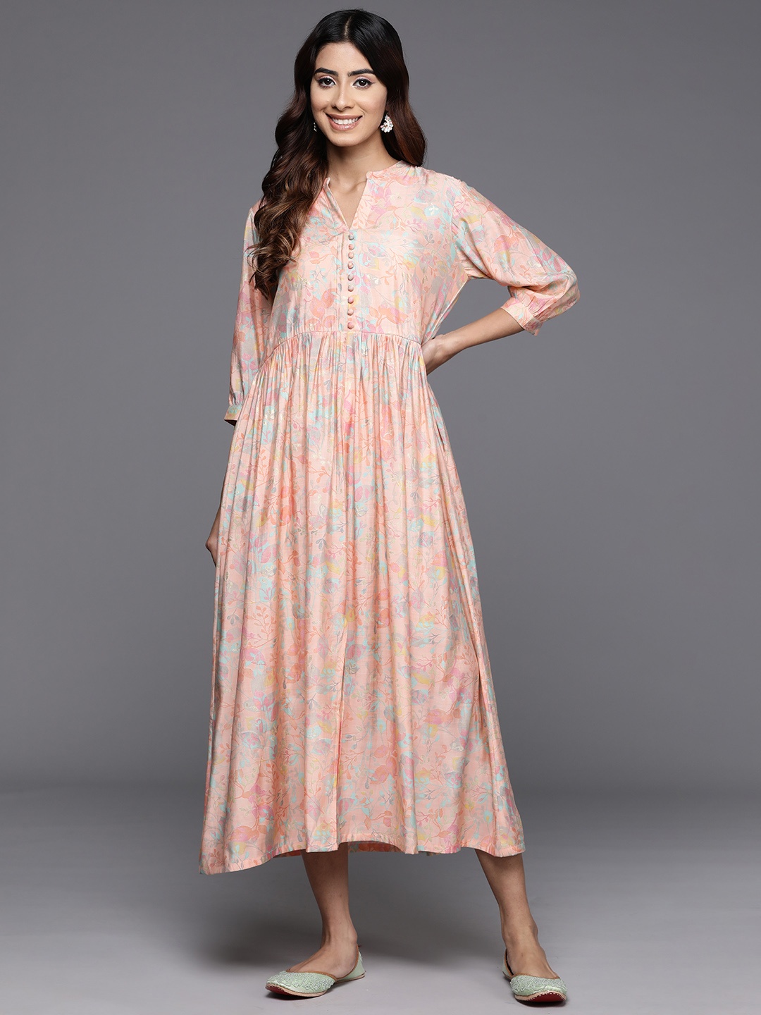 

Libas Floral Print A-Line Midi Dress, Peach