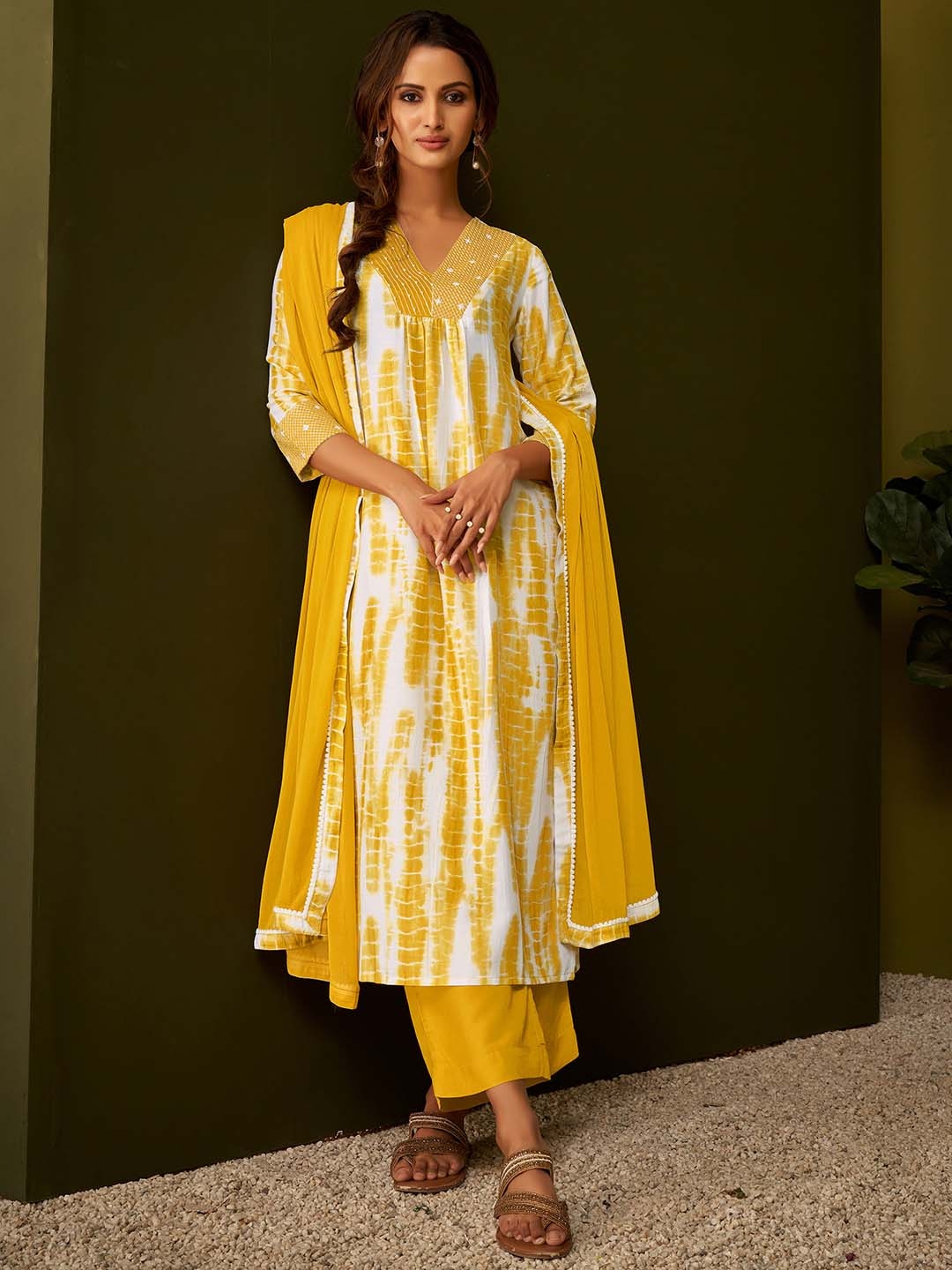 

DRESOUL Abstract Embroidered Straight V-Neck Kurta With Pyjamas & Dupatta, Mustard