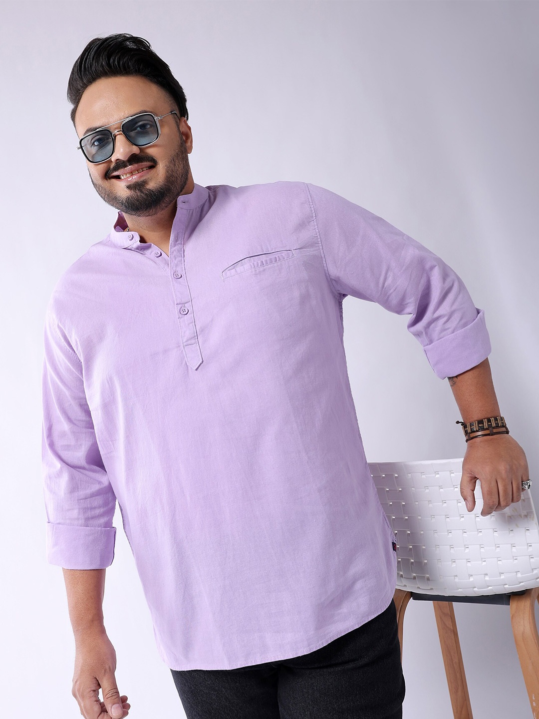 

HARDSODA Plus Size Mandarin Collar Cotton Casual Shirt, Purple