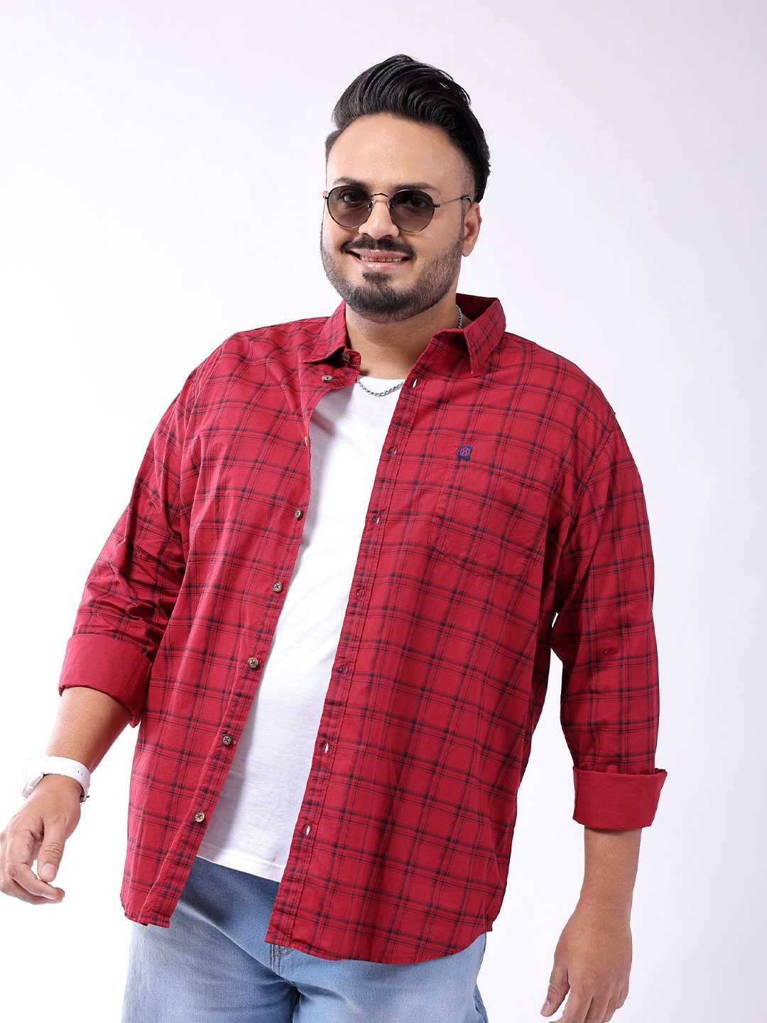 

HARDSODA Plus Size Checked Twill Weave Casual Shirt, Red