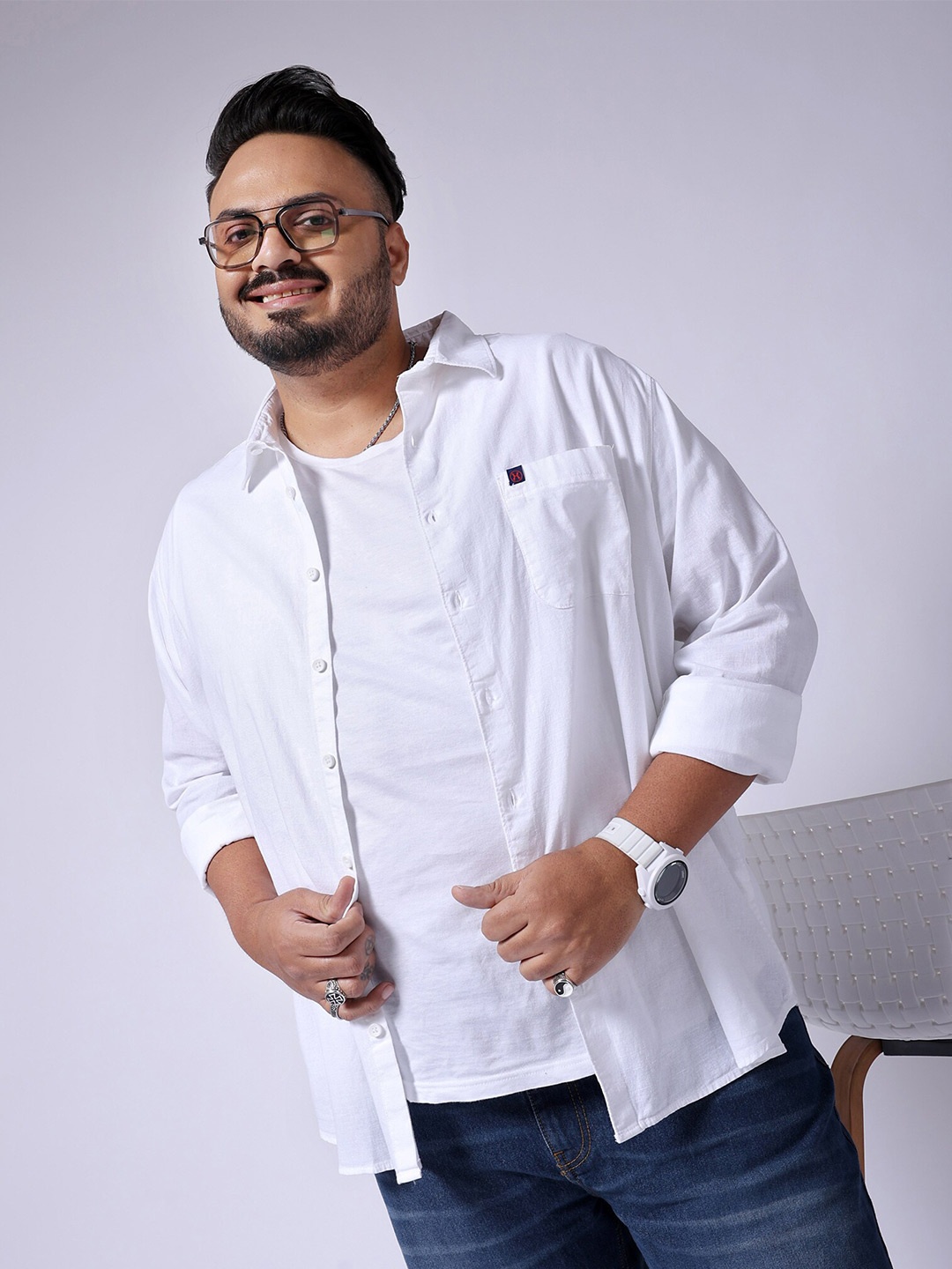 

Hardsoda by The Indian Garage Co Plus Size Spread Collar Cotton Casual Shirt, White