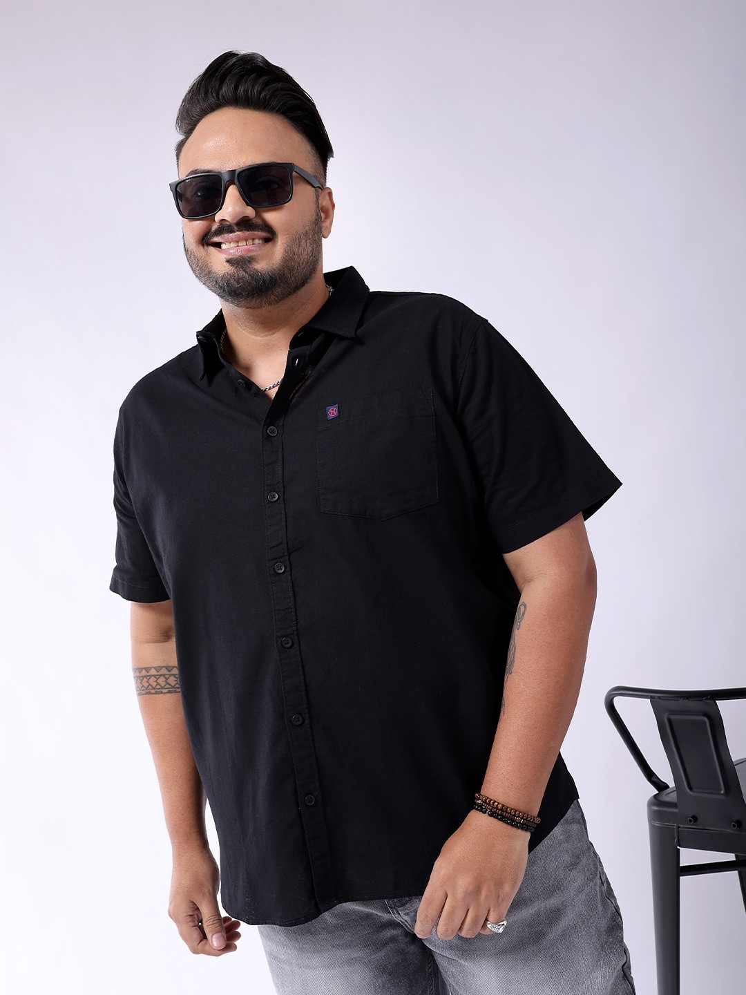 

HARDSODA Plus Size Spread Collar Cotton Casual Shirt, Black