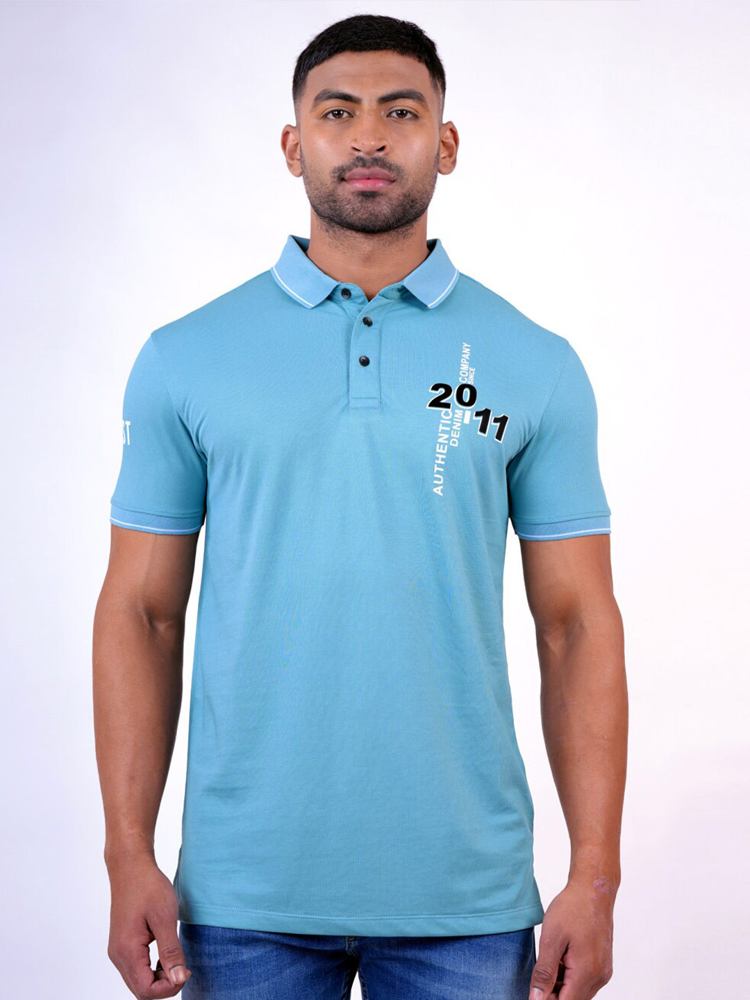 

Pontiac Typography Printed Polo Collar Regular Fit Cotton T-shirt, Blue