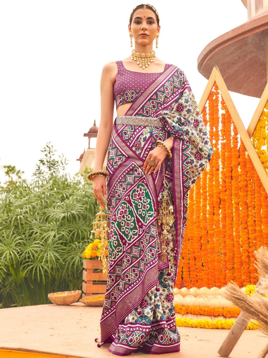 

Anouk Ethnic Motifs Printed Designer Patola Saree, Cream