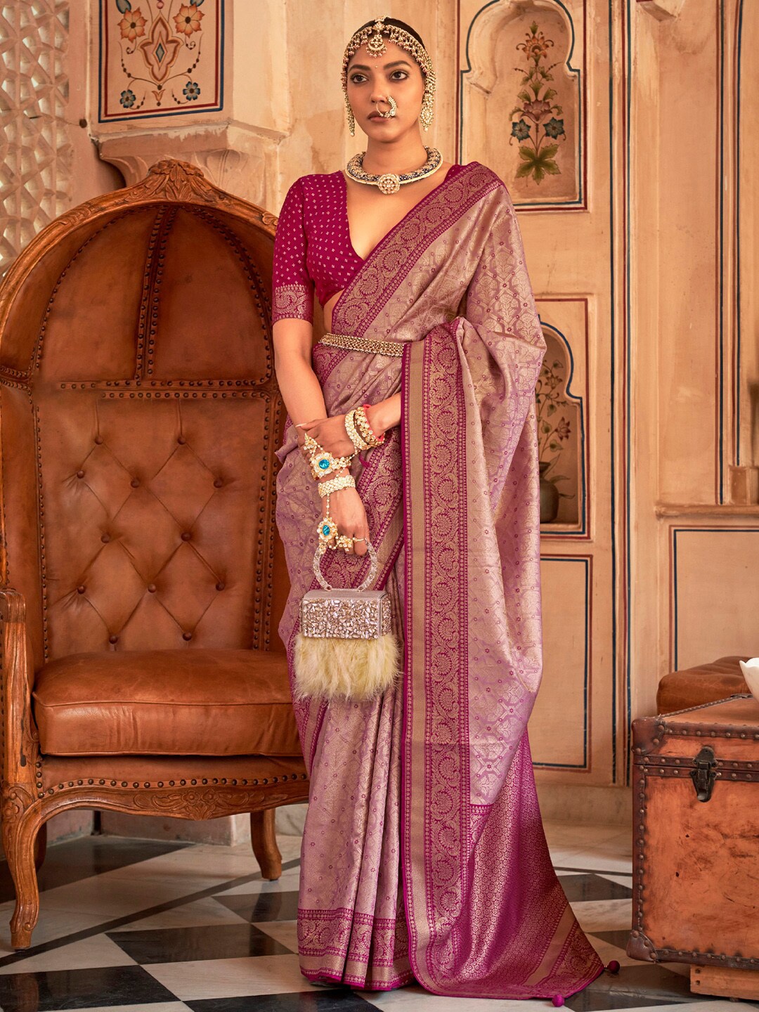 

Anouk Ethnic Motifs Woven Design Designer Banarasi Saree, Mauve