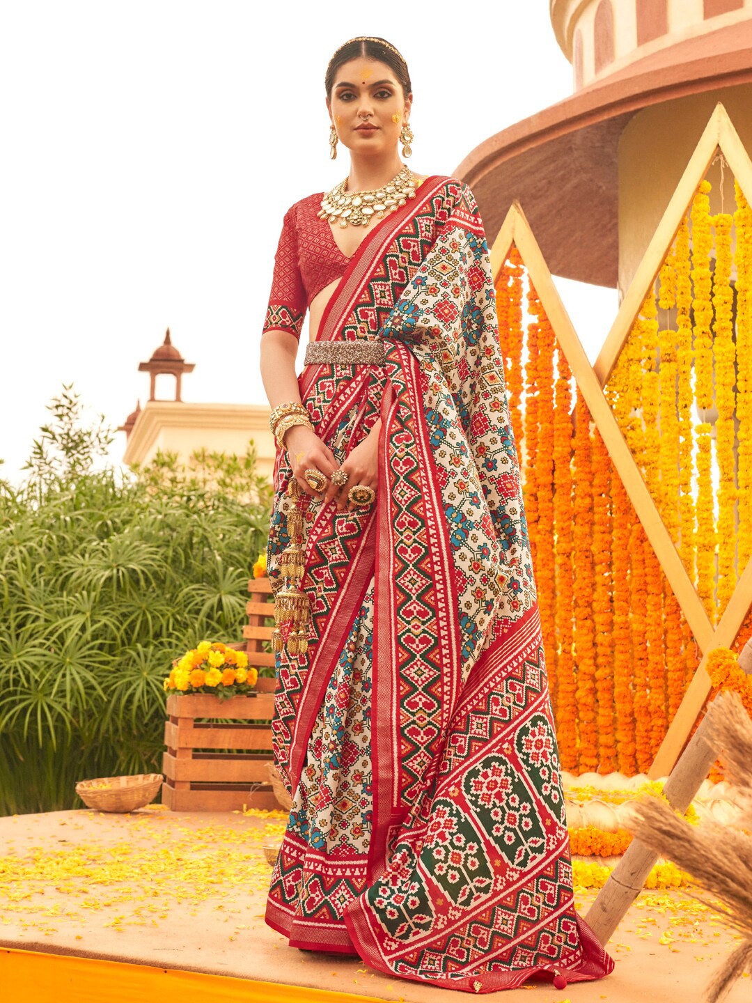 

Anouk Ethnic Motifs Printed Designer Patola Saree, Cream