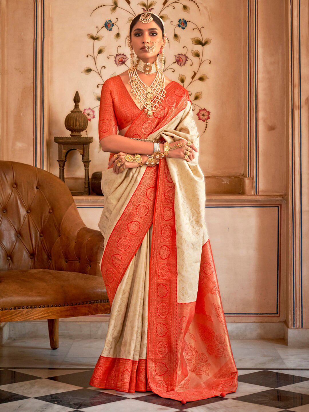 

Anouk Woven Design Ethnic Motifs Designer Banarasi Saree, Cream