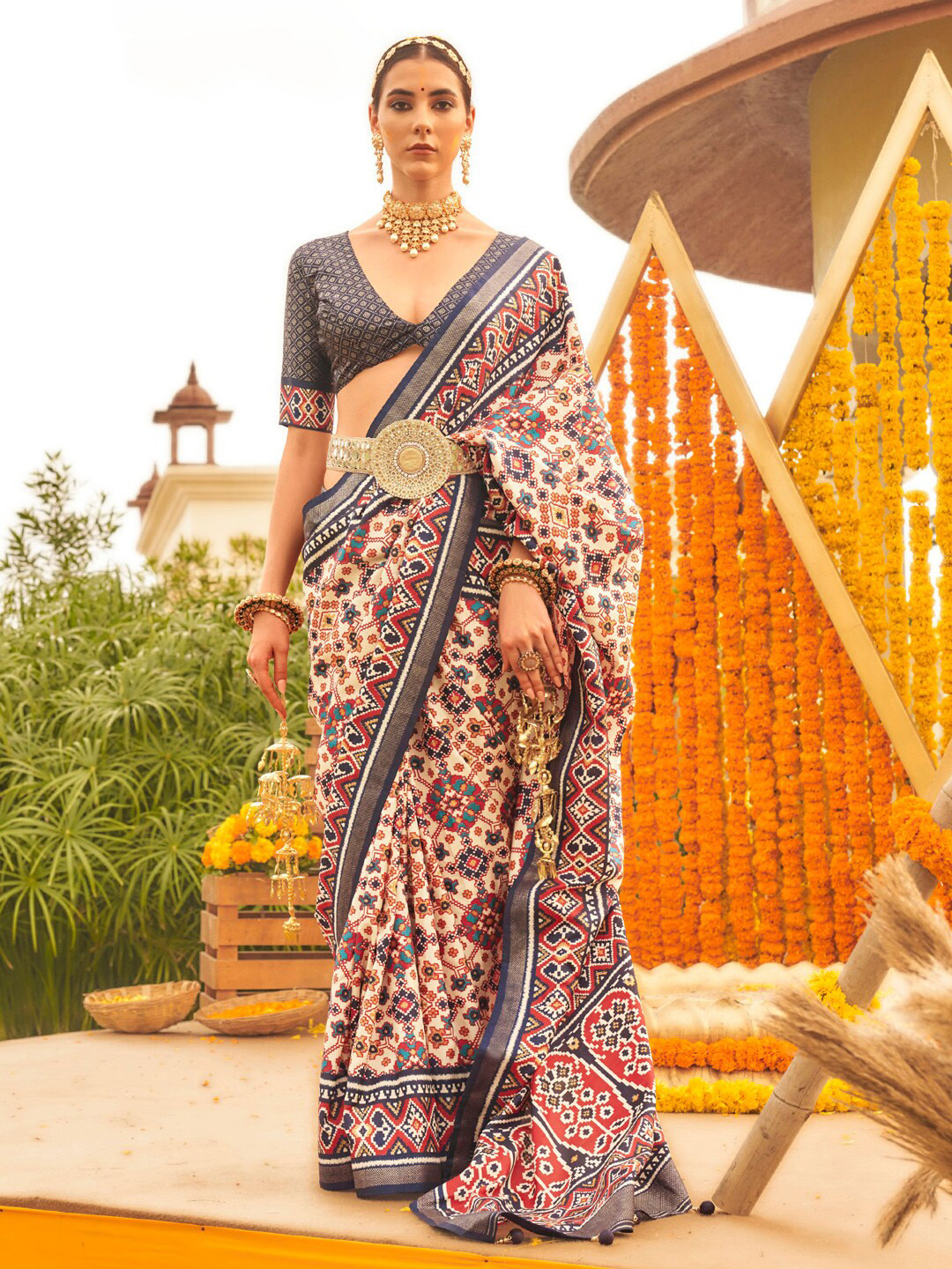 

Anouk Ethnic Motifs Printed Designer Patola Saree, Cream