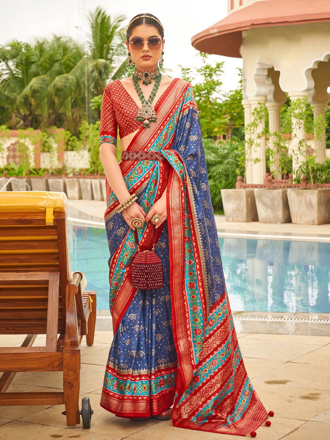 

Anouk Ethnic Motifs Printed Designer Patola Saree, Navy blue