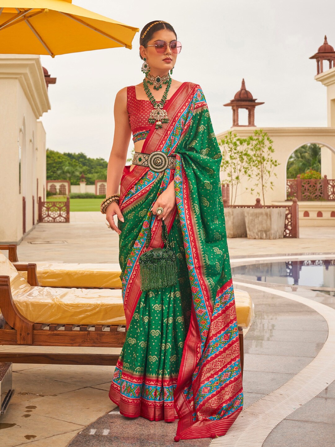 

Anouk Ethnic Motifs Printed Designer Patola Saree, Green