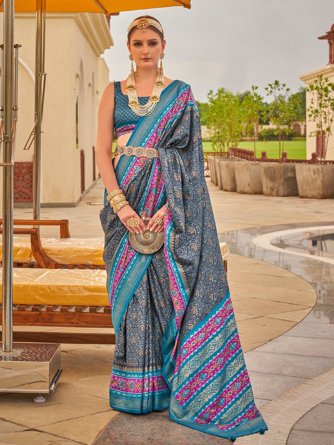 

Anouk Ethnic Motifs Zari Woven Design Designer Patola Saree, Grey
