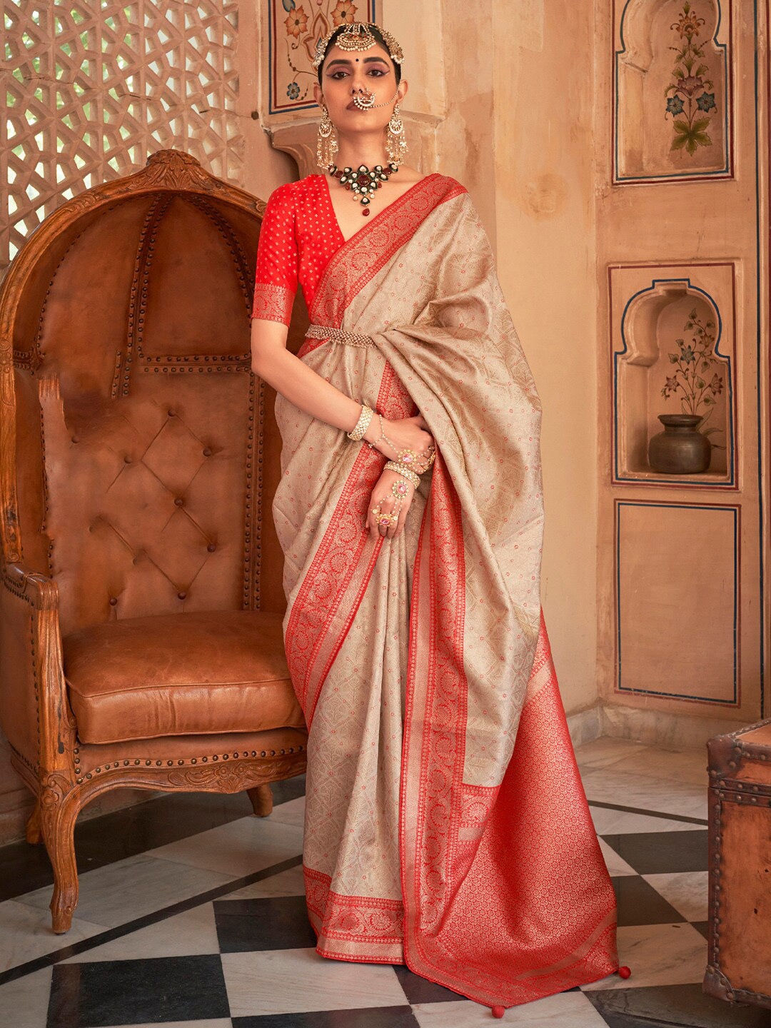 

Anouk Woven Design Ethnic Motifs Designer Banarasi Saree, Beige