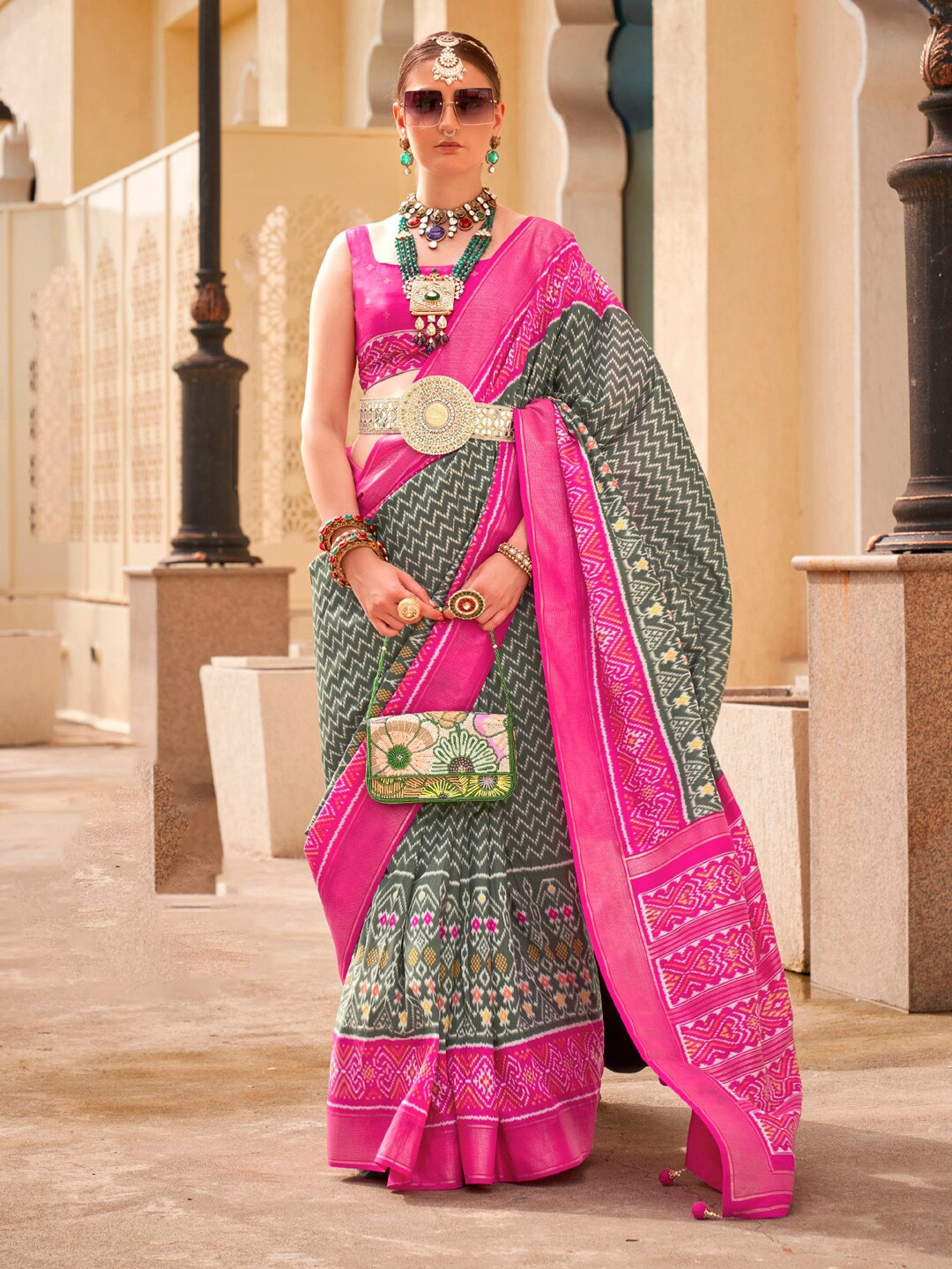 

Anouk Geometric Zari Woven Design Designer Ikat Saree, Grey