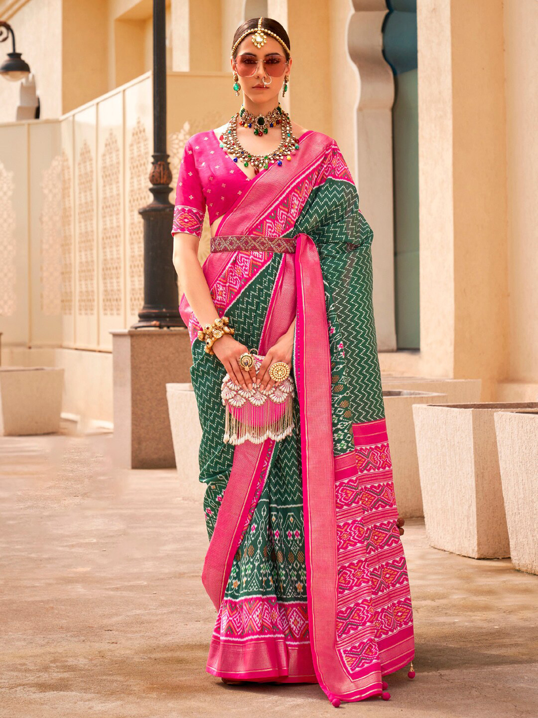 

Anouk Geometric Zari Woven Design Designer Ikat Saree, Green