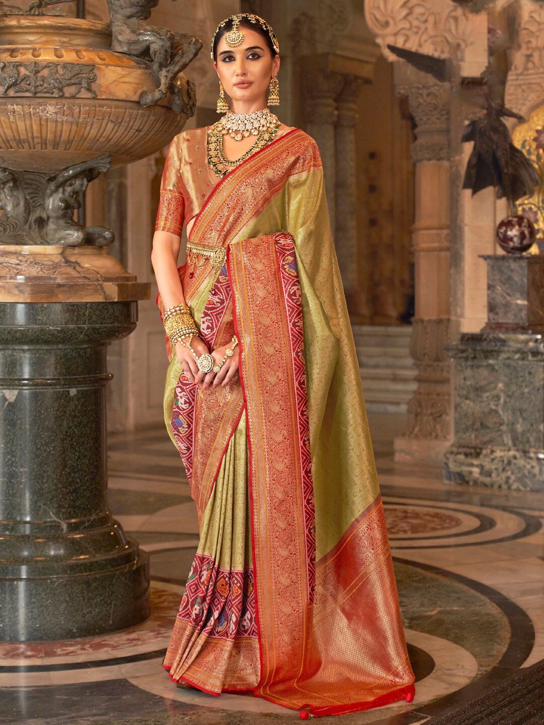 

Anouk Ethnic Motifs Woven Design Printed Designer Patola Saree, Olive