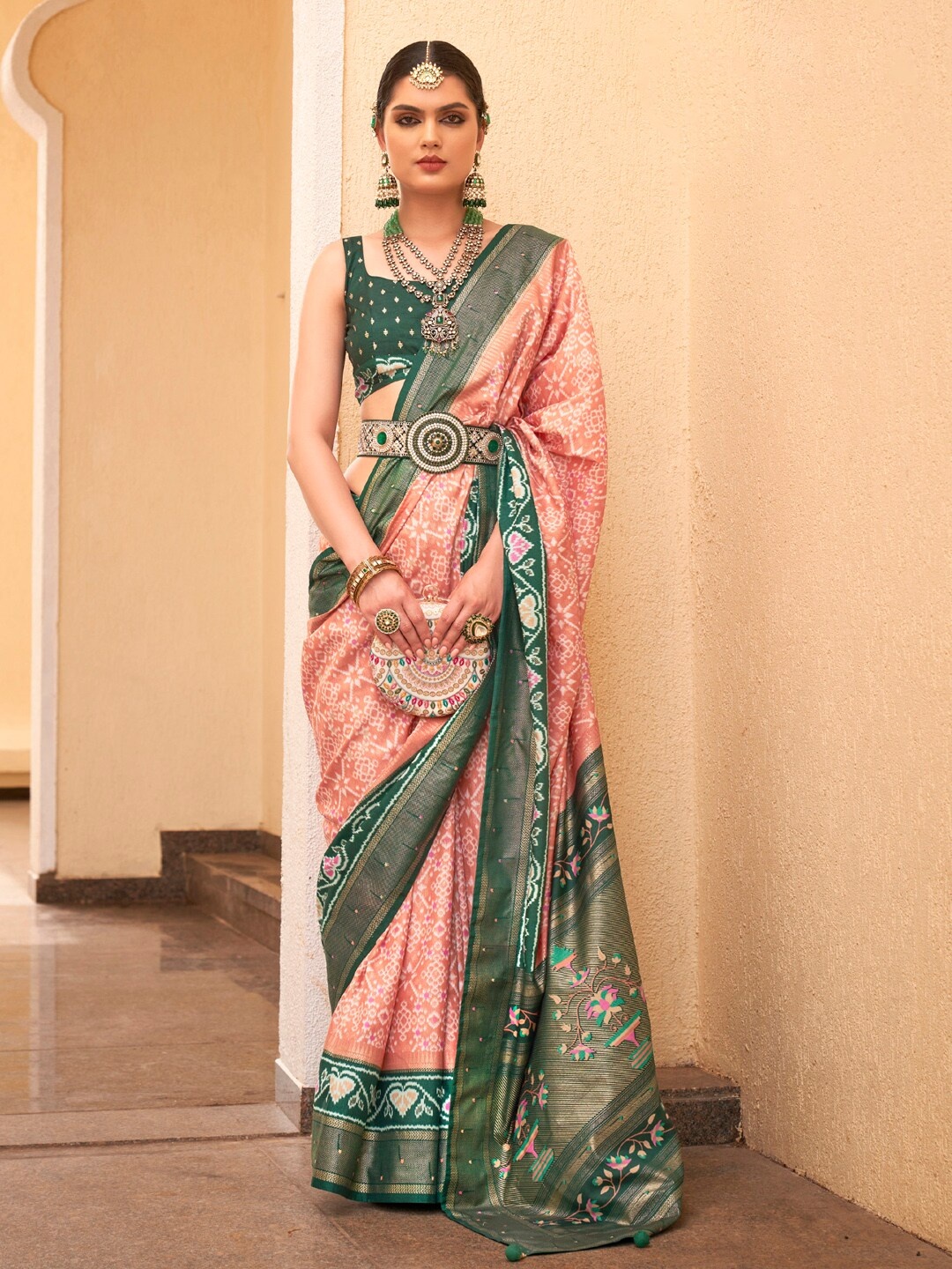 

Anouk Ethnic Motifs Printed Designer Patola Saree, Peach