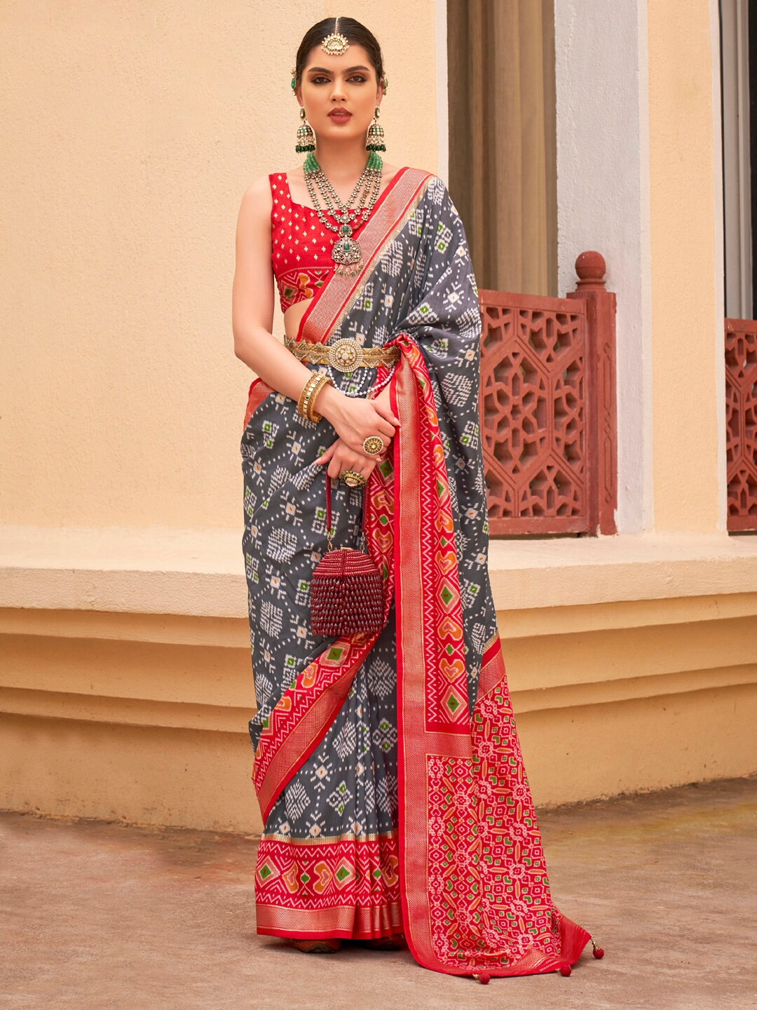 

Anouk Ethnic Motifs Printed Designer Patola Saree, Grey