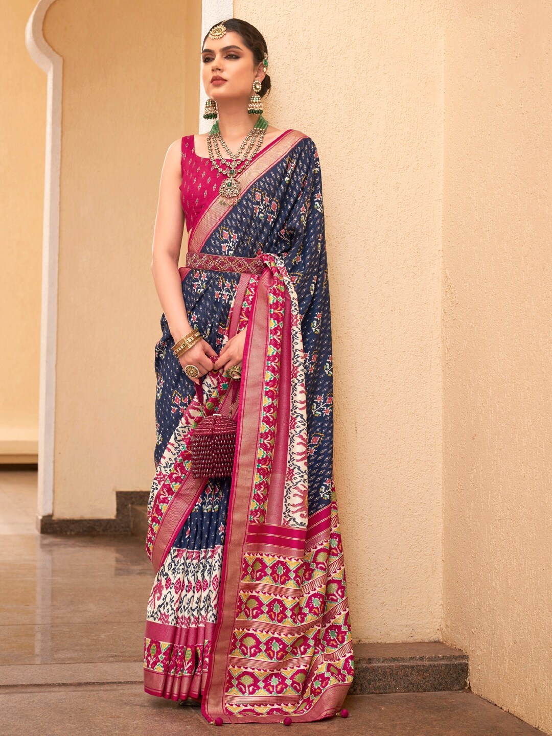 

Anouk Ethnic Motifs Printed Designer Patola Saree, Navy blue