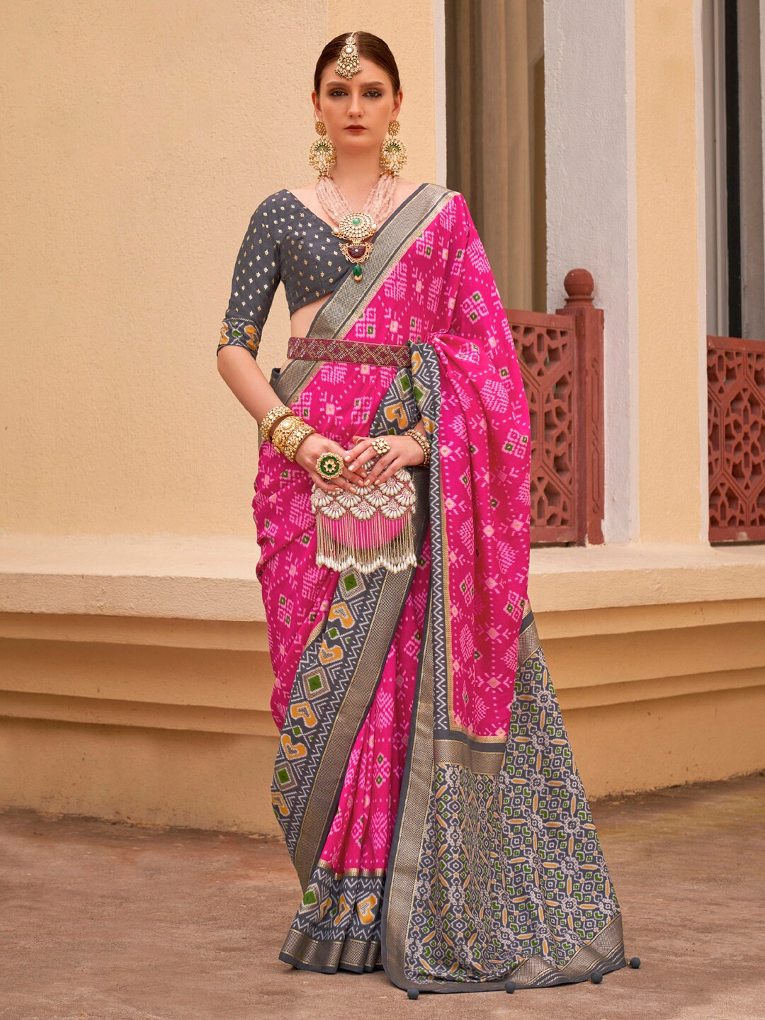 

Anouk Ethnic Motifs Designer Patola Saree, Pink