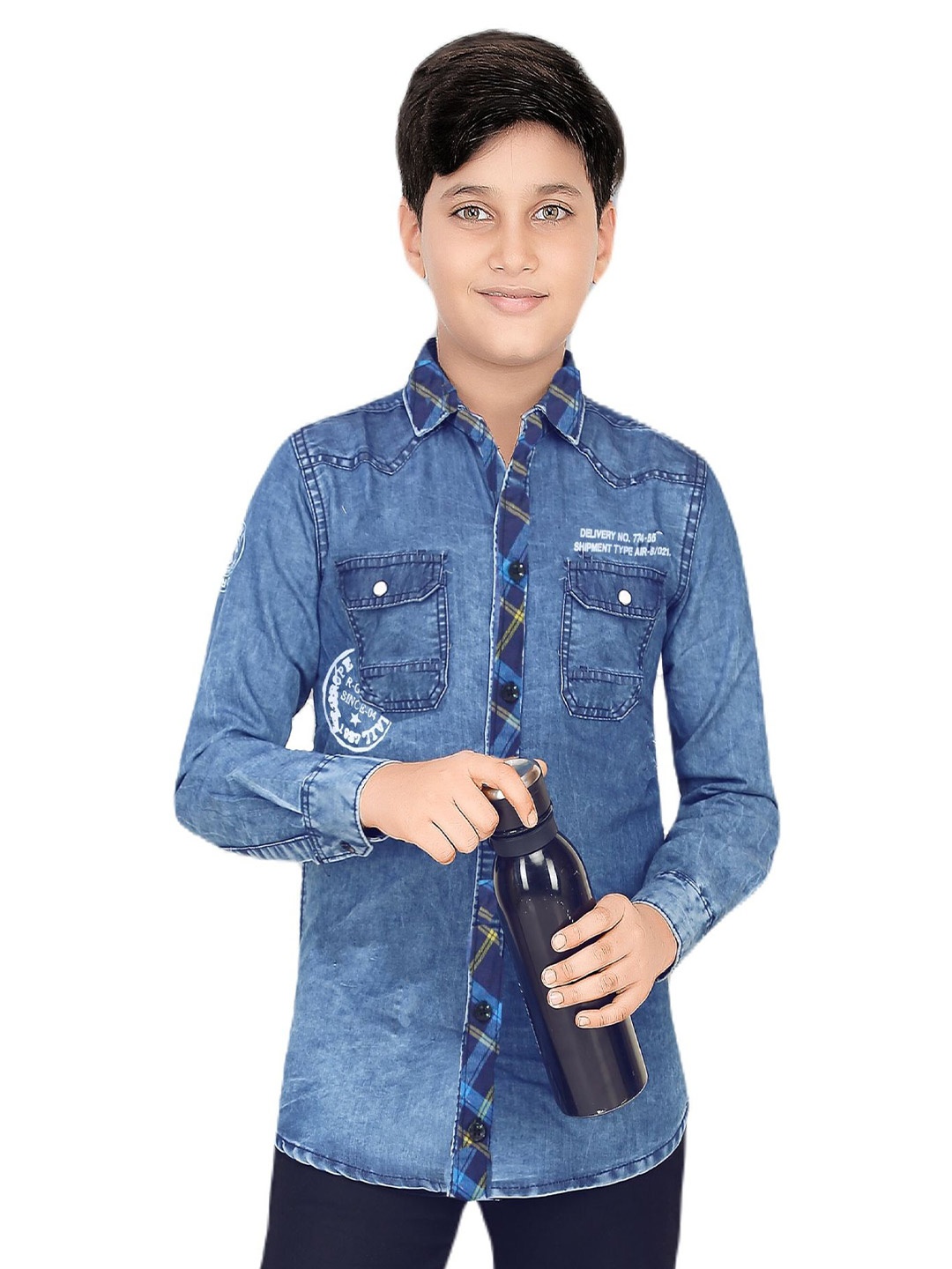 

BAESD Boys India Slim Spread Collar Denim Casual Shirt, Blue