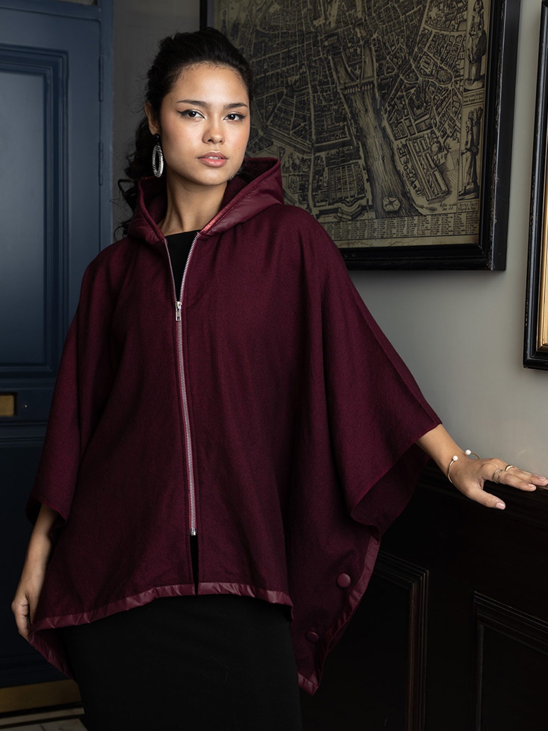 

Rhe-Ana Hooded Woollen Tailored Jacket, Burgundy