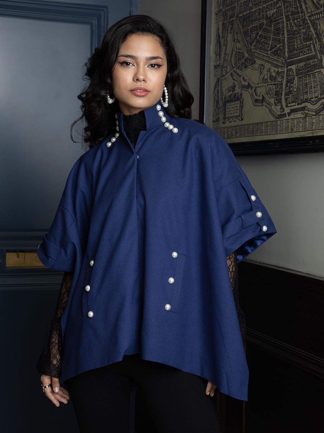 

Rhe-Ana Embroidered Detail Stand Collar Woollen Tailored Jacket, Blue