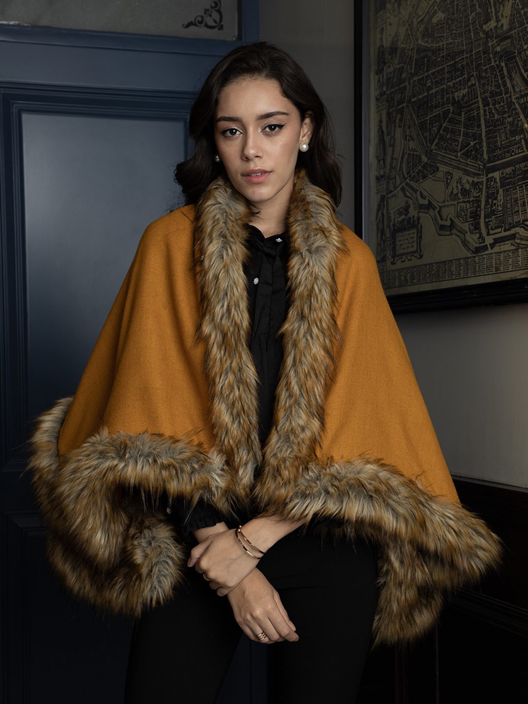 

Rhe-Ana Woolen Faux Fur Cape Jacket, Yellow