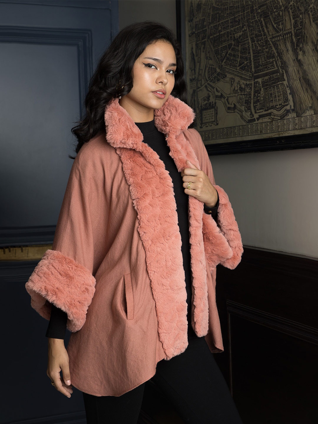 

Rhe-Ana Shawl Collar Faux Fur Detail Tailored Jacket, Pink