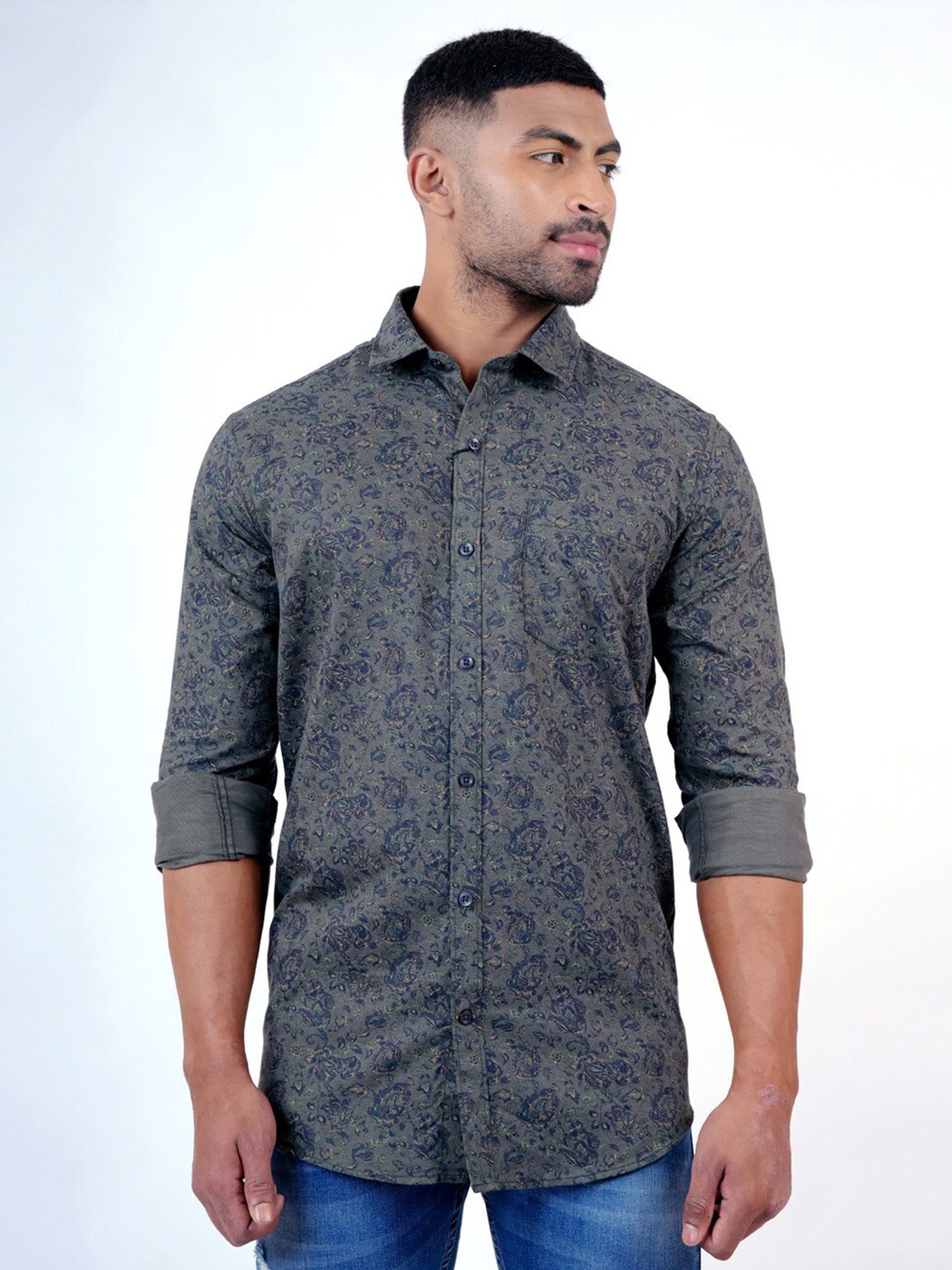 

Pontiac Floral Printed Organic Cotton Regular Fit Opaque Casual Shirt, Green