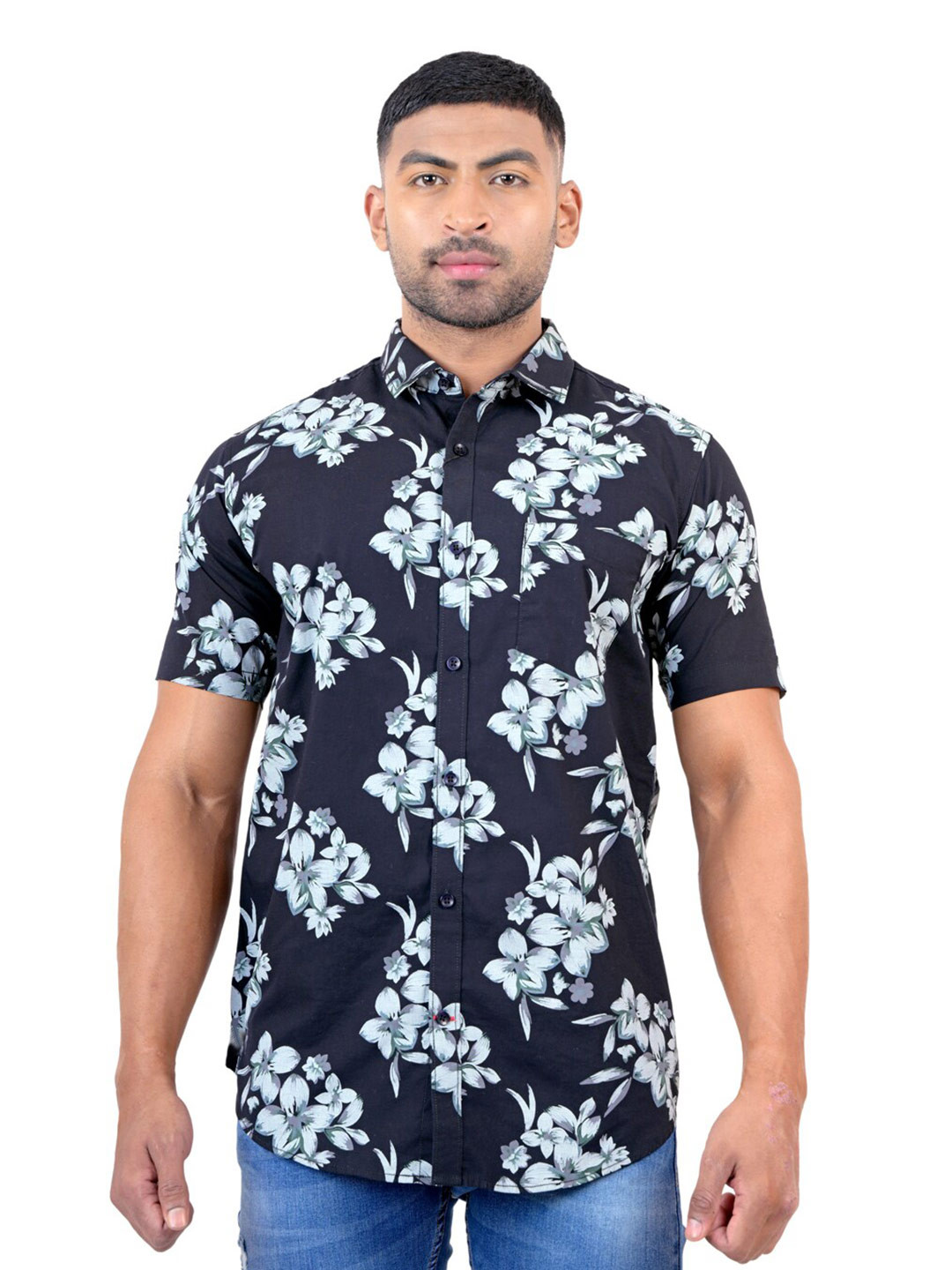 

Pontiac Spread Collar Floral Printed Short Sleeves Casual Shirt, Black