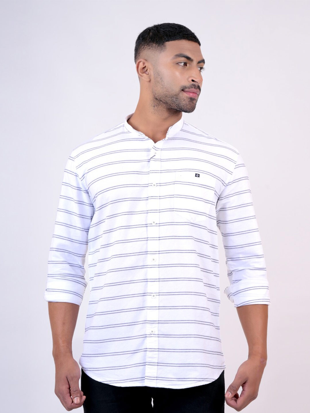 

Pontiac Collarless Striped Full Sleeves Casual Shirt, White