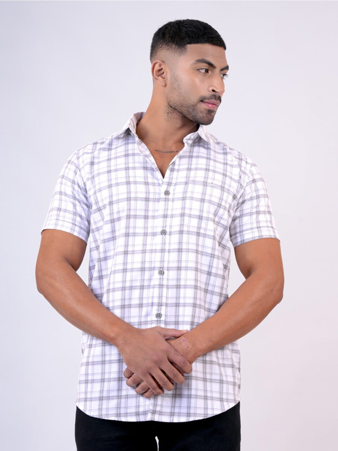 

Pontiac Spread Collar Checked Short Sleeves Casual Shirt, White