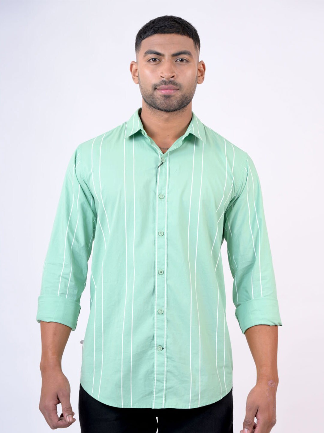 

Pontiac Spread Collar Long Sleeves Striped Casual Shirt, Green