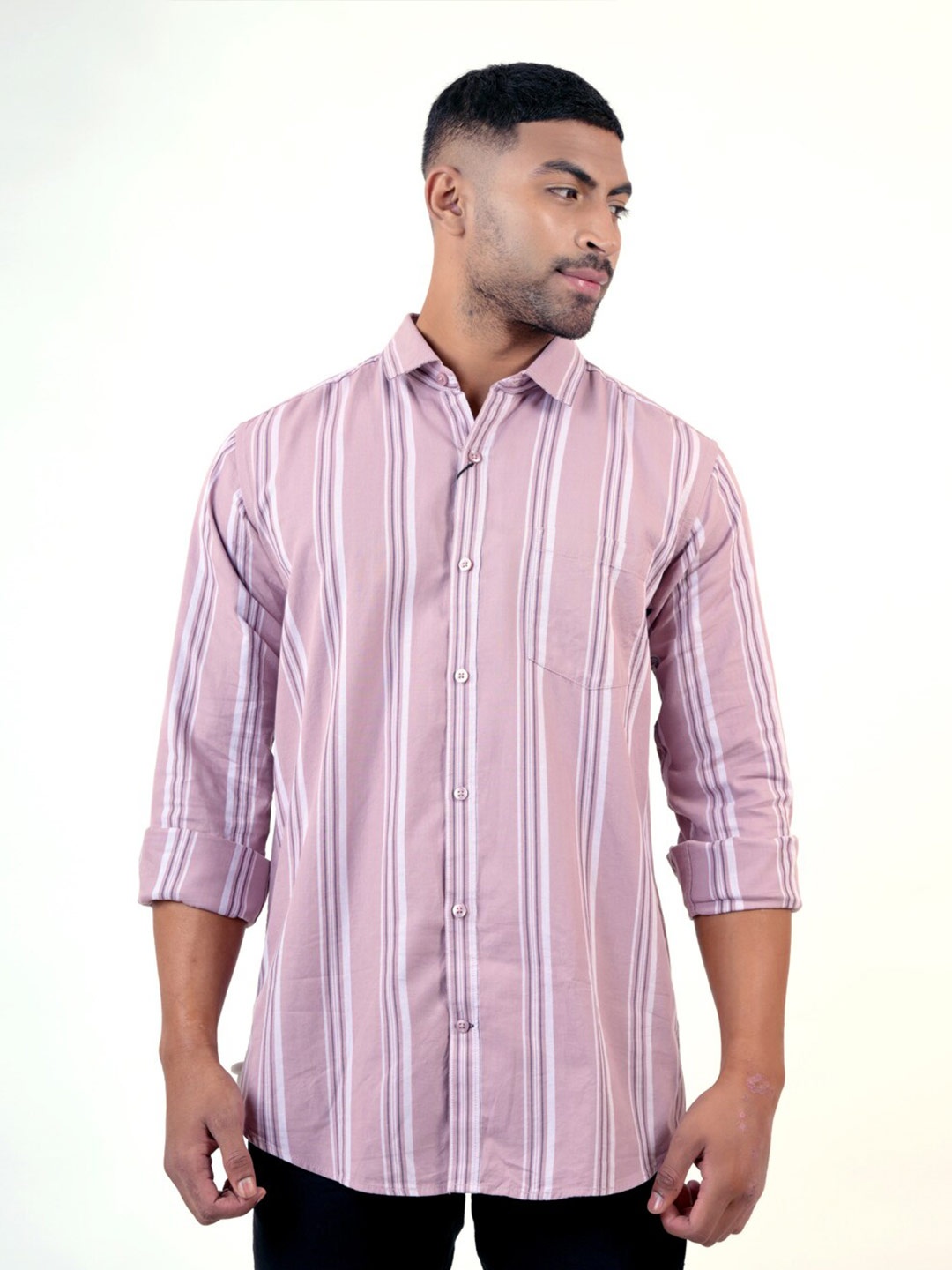 

Pontiac Slim Collar Long Sleeves Striped Casual Shirt, Pink