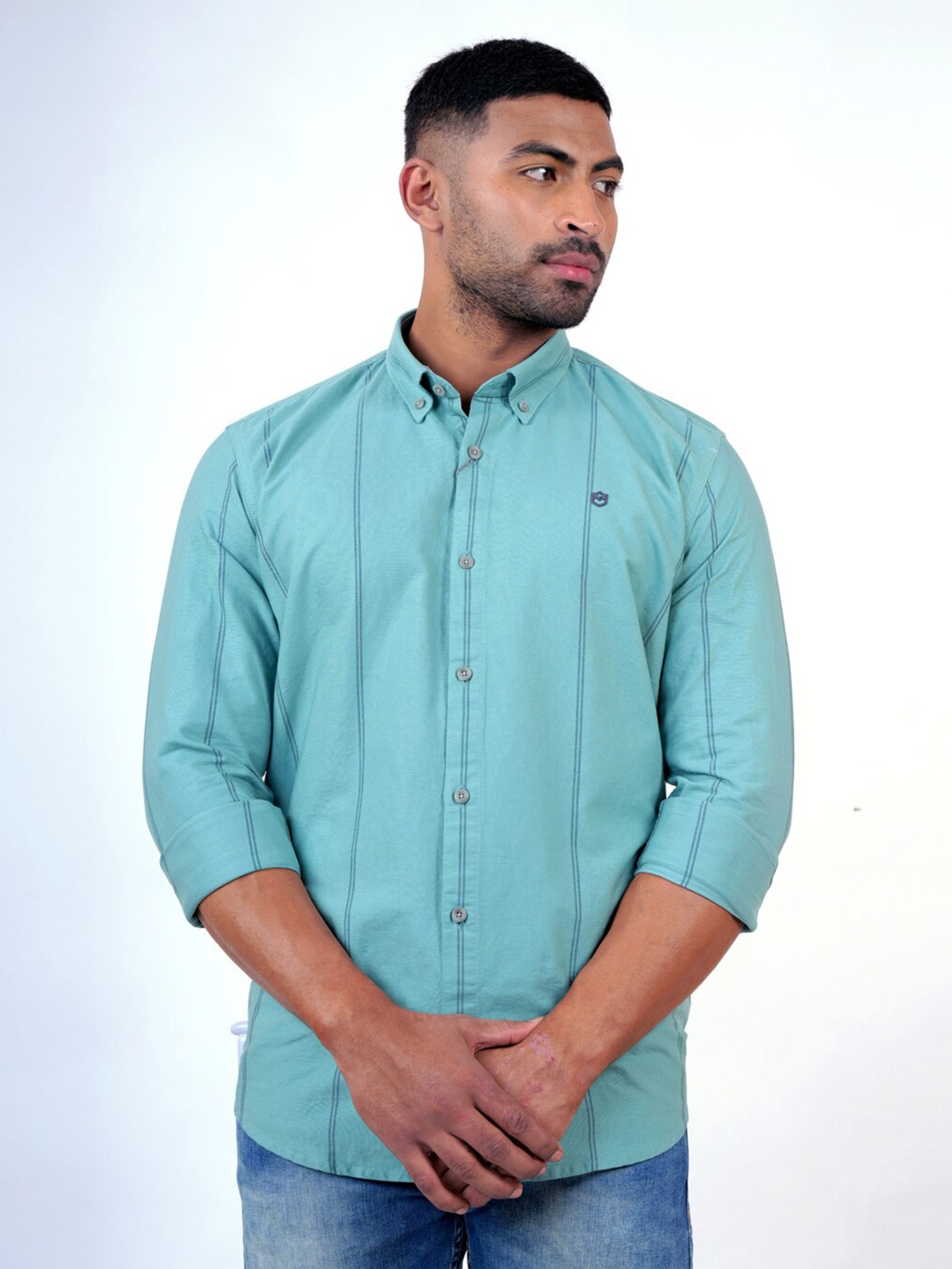 

Pontiac Button-Down Collar Long Sleeves Striped Cotton Casual Shirt, Blue