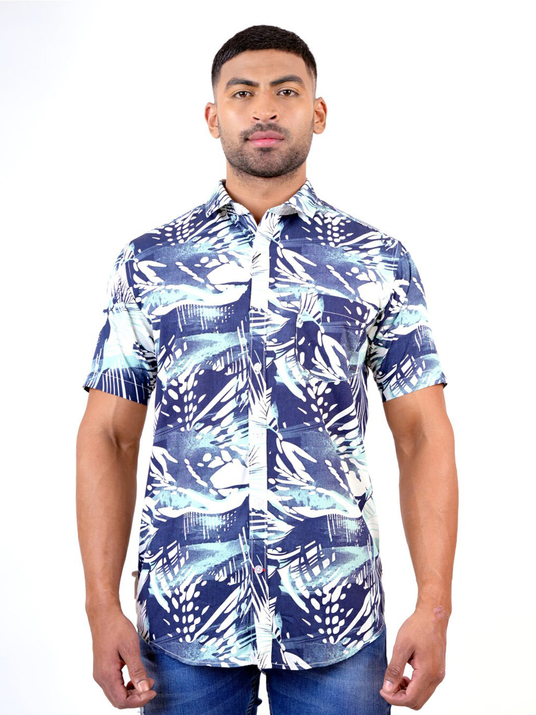 

Pontiac Tropical Printed Spread Collar Opaque Casual Shirt, Navy blue